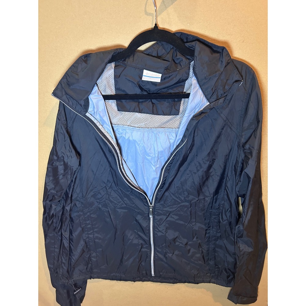 Columbia Windbreaker Jacket Womens XL Black Excellent Hooded Mesh Lined Zip Up